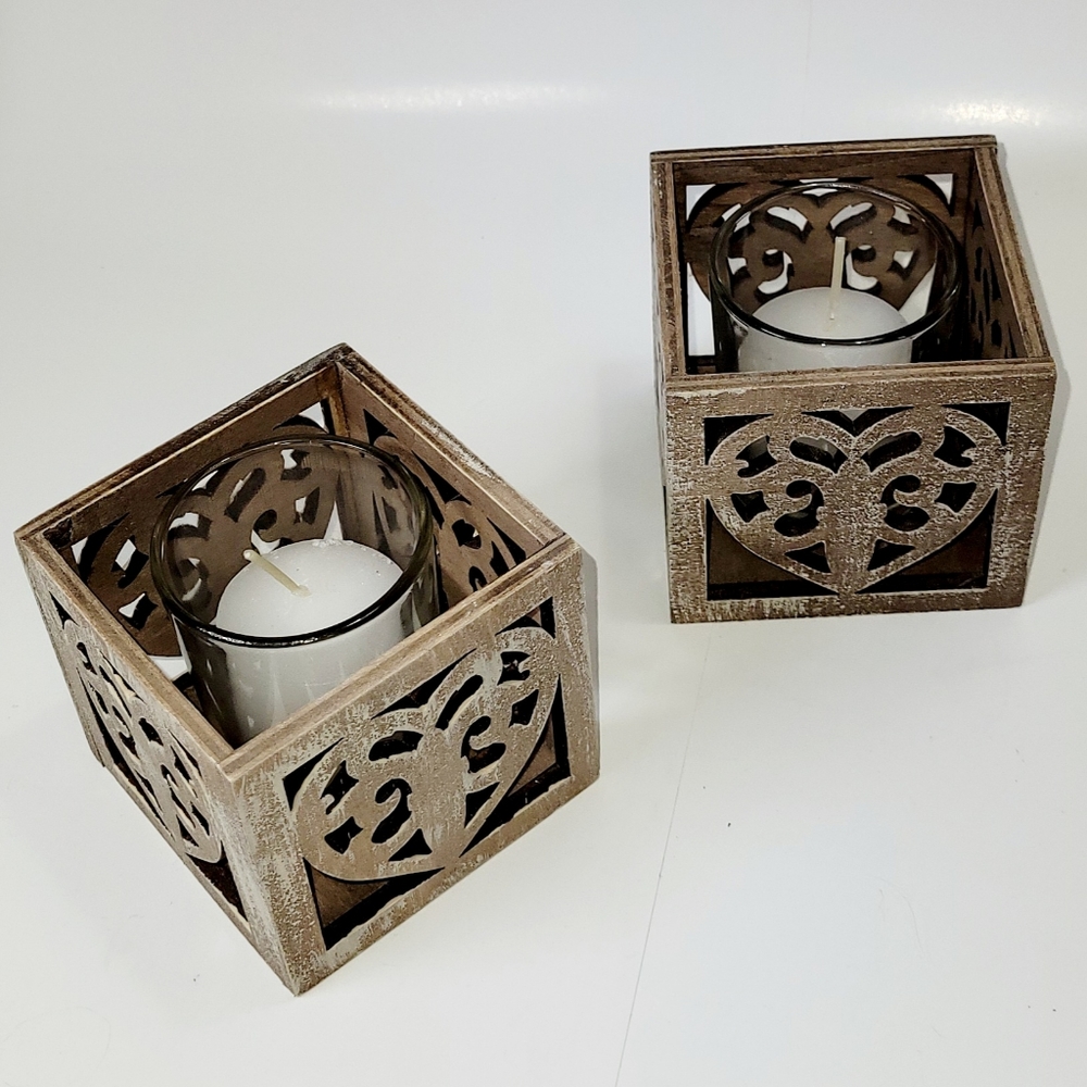 Wood Votive Candle Holders, 🤎🤎 Pair, Candles Included, New
